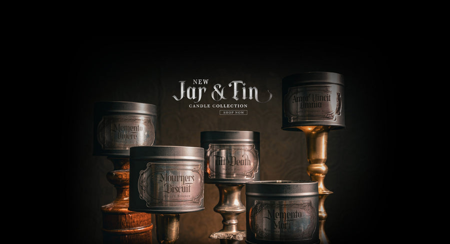 For warm candle scents in drop dead gorgeous jars, shop The Blackened Teeth's new jar & tin candles collection