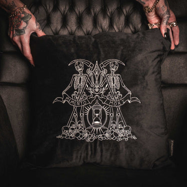 Memento Mori black velvet embroidered cushion By the Blackened Teeth gothic home decor textiles collection