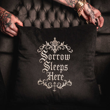 Sorrow Sleeps Here Velvet Cushion by The Blackened Teeth Gothic Home Decor Textiles Collection