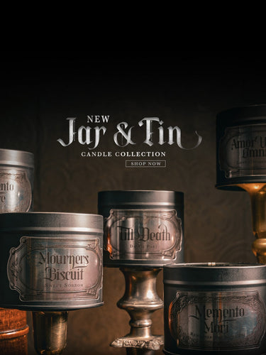 For warm candle scents in drop dead gorgeous jars, shop The Blackened Teeth's new jar & tin candles collection