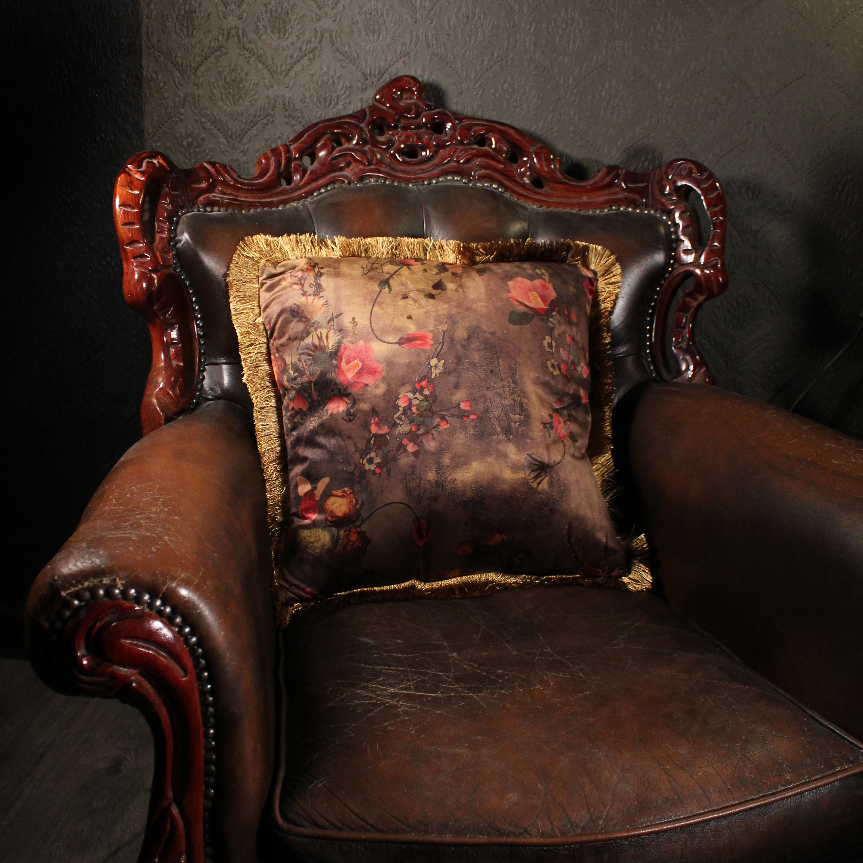 Floral Gold Fringe Velvet Cushion