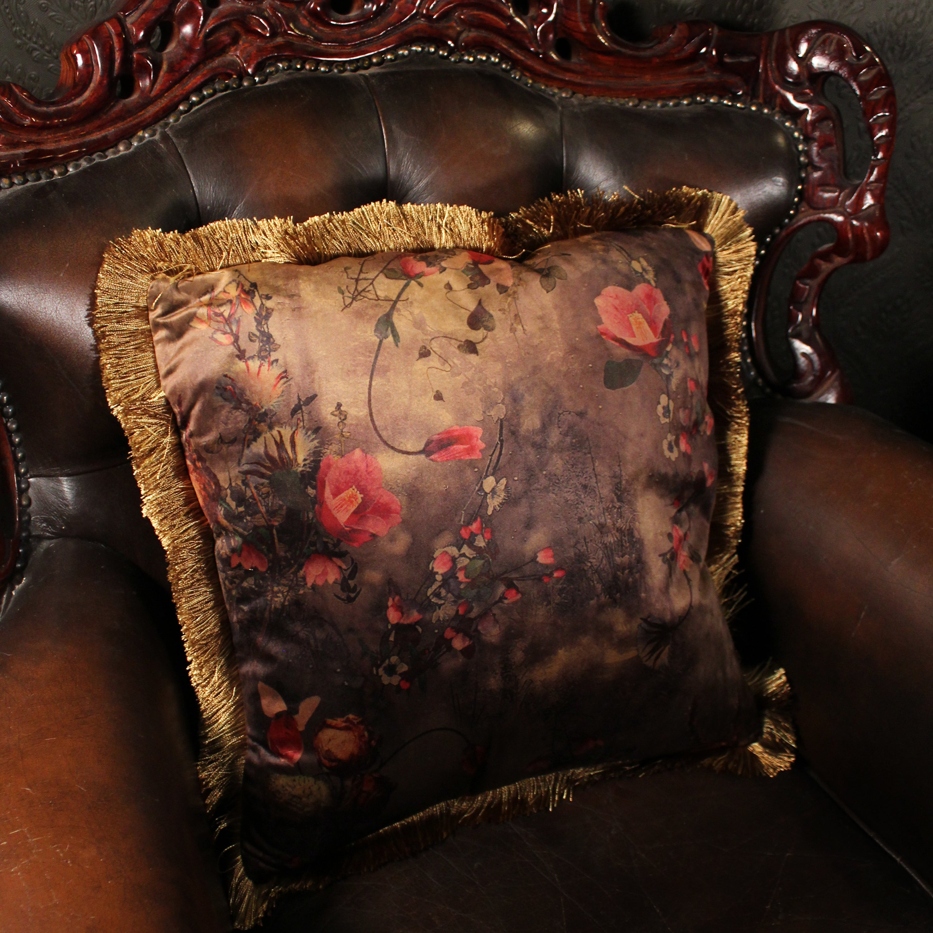 Floral Gold Fringe Velvet Cushion