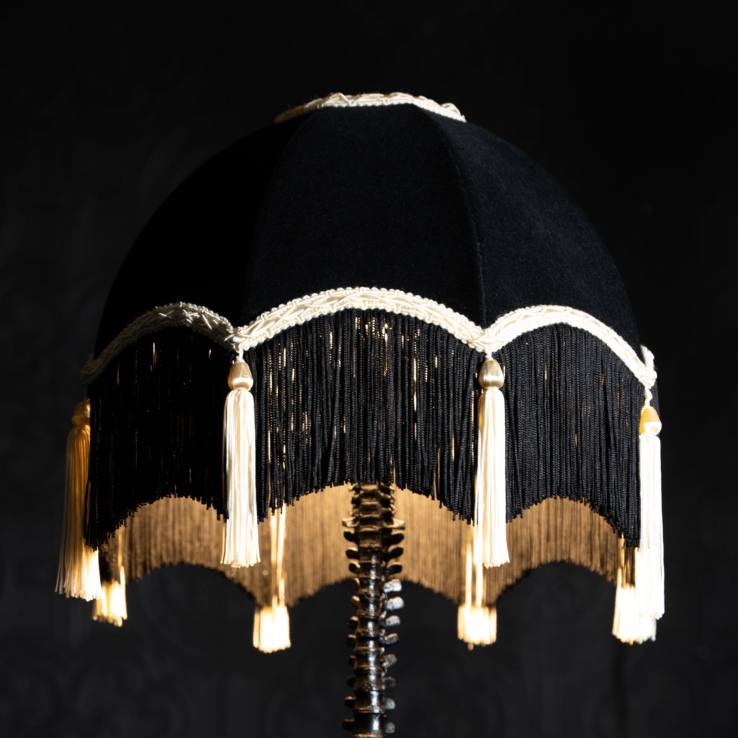 Cruella Baroque Lampshade black velvet and cream tassels