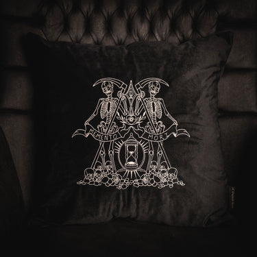 Memento Mori black velvet embroidered cushion By the Blackened Teeth gothic home decor textiles collection