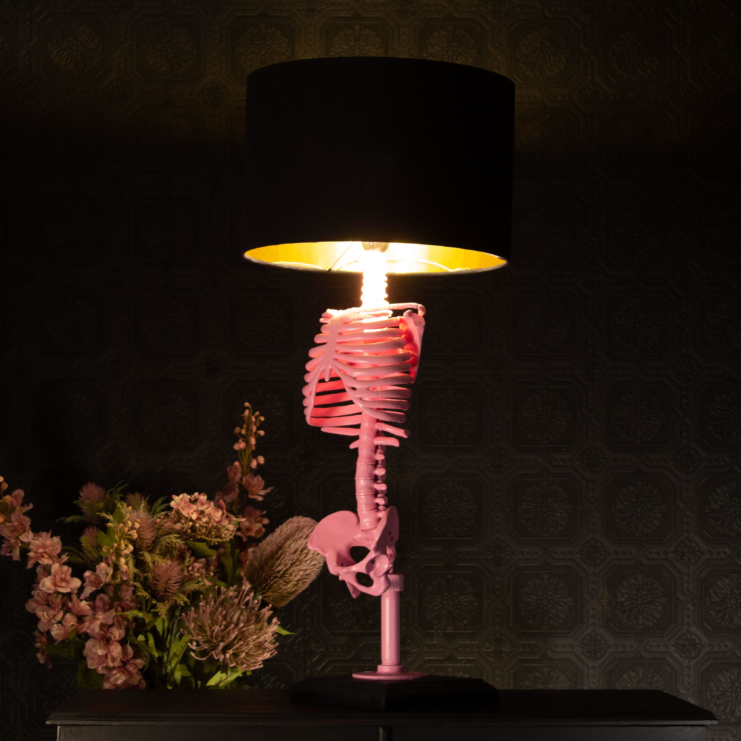 The Skeleton Table Lamp in Pink by The Blackened Teeth Gothic Home Decor
