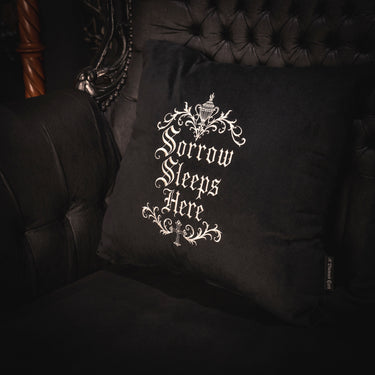 Sorrow Sleeps Here Velvet Cushion by The Blackened Teeth Gothic Home Decor Textiles Collection