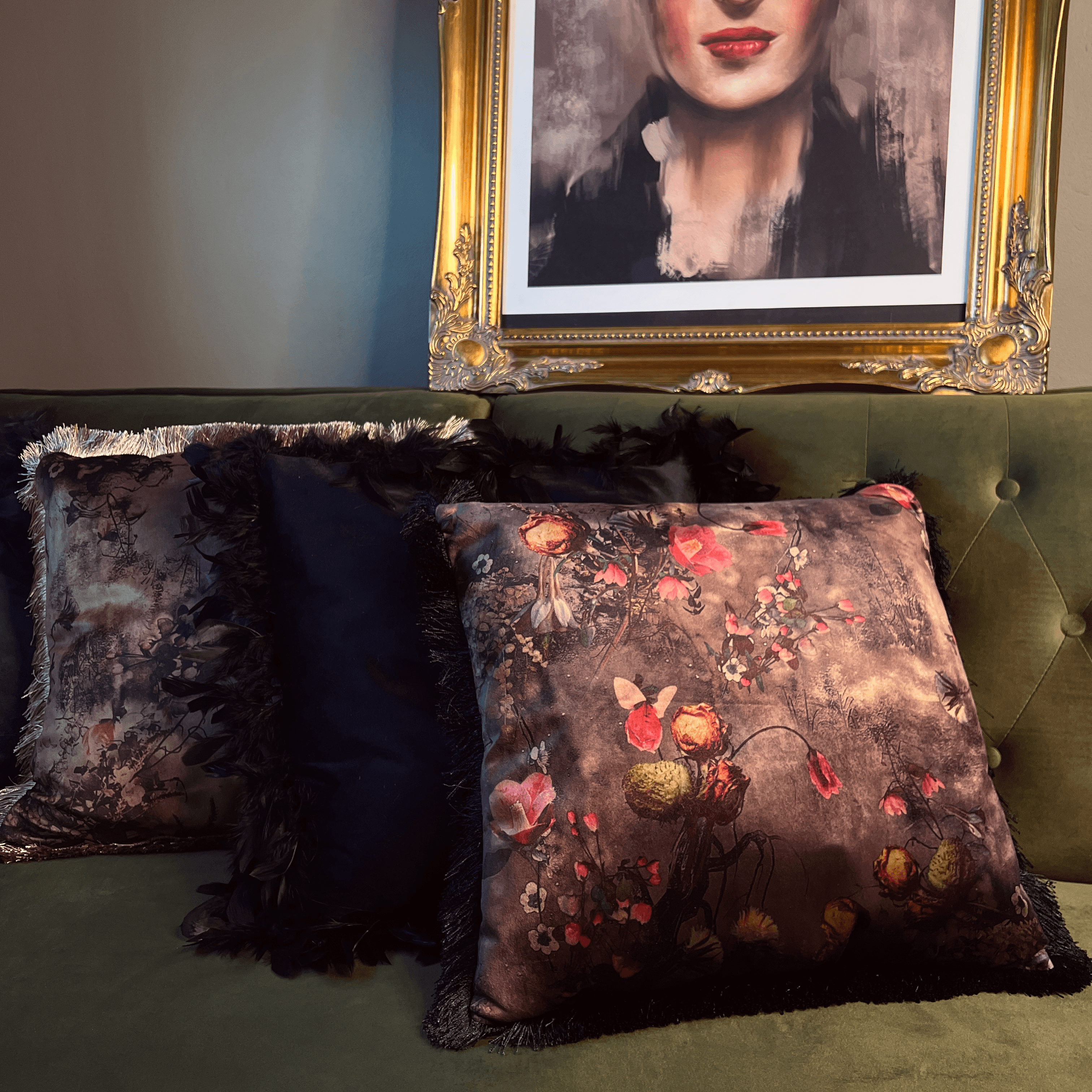 Floral Noir Velvet Fringed Cushion