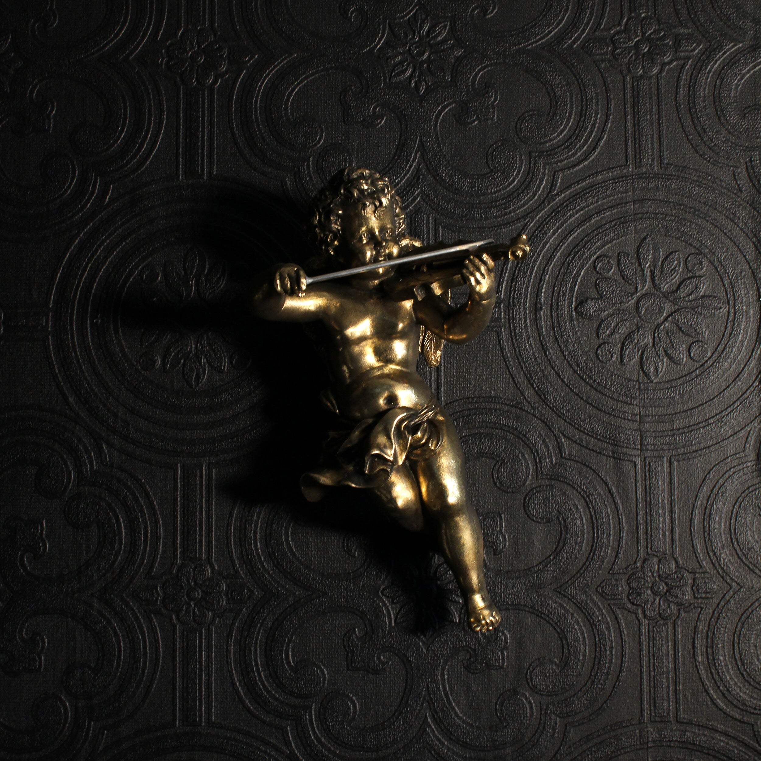 GOLD CHERUB WITH VIOLIN WALL DECOR BY THE BLACKENED TEETH THE BLACKENED ABODE