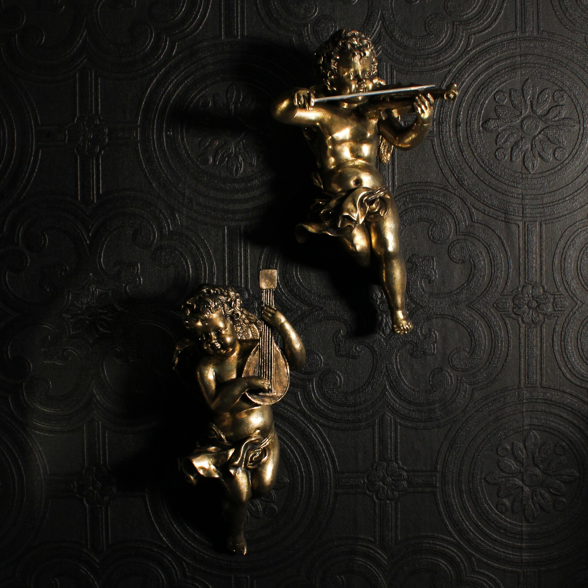 GOLD CHEUB WITH VIOLIN AND MANDOLIN WALL HANGING WALL DECOR THE BLACKENED TEETH THE BLACKENED ABODE