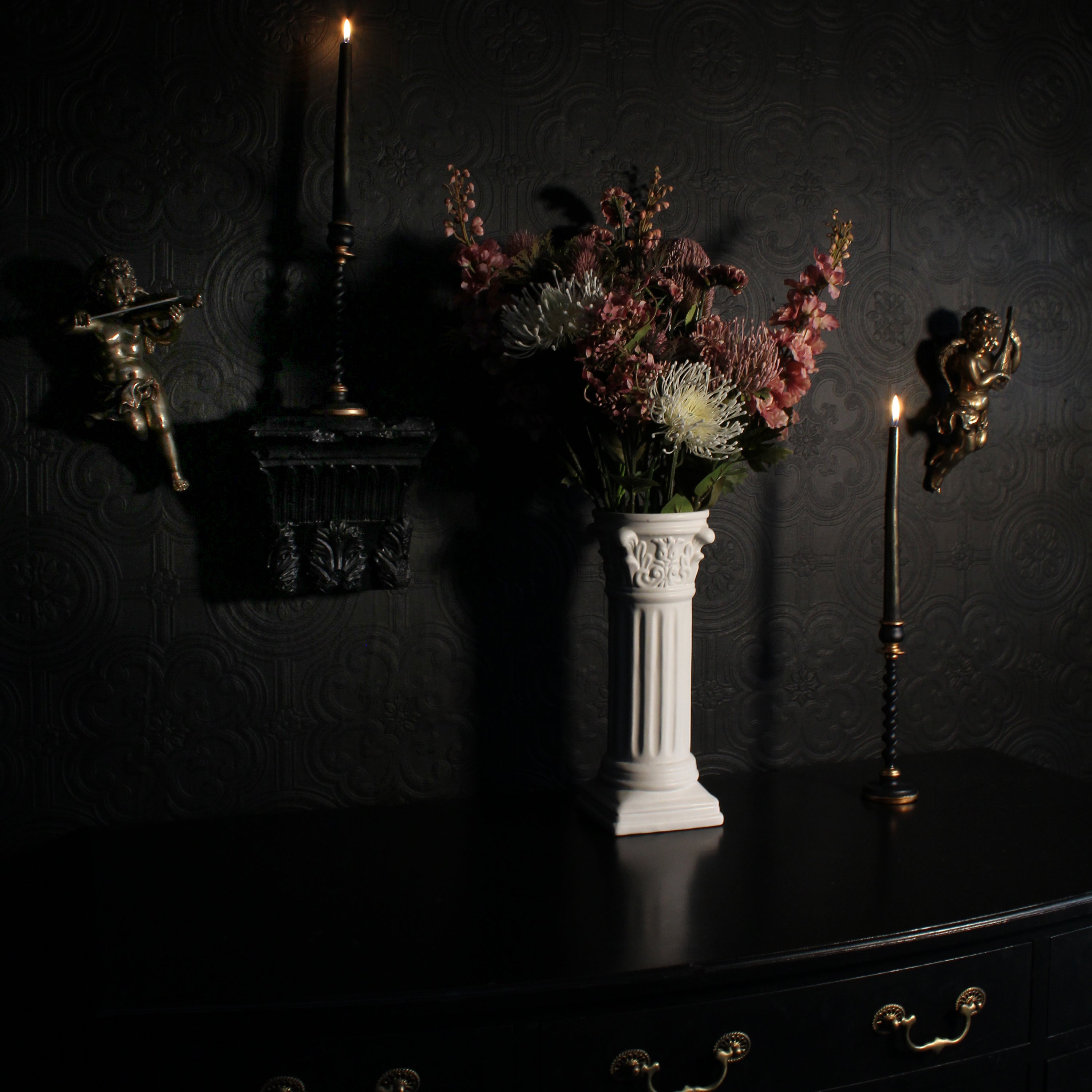 LARGE COLUMN VASE WHITE THE BLACKENED TEETH THE BLACKENED ABODE