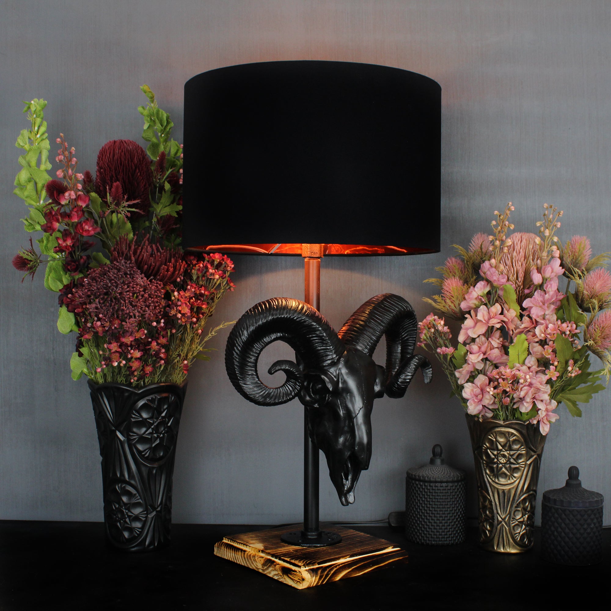 Ram Skull Lamp Black Copper Inner UK Black Wood